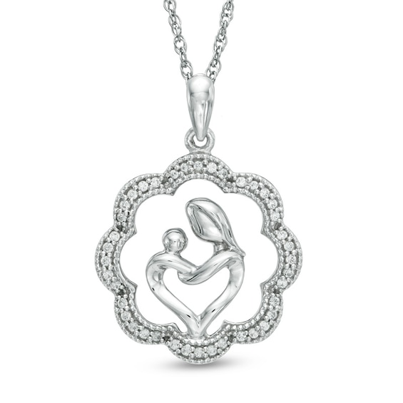 0.15 CT. T.W. Diamond Motherly Love Flower Pendant in Sterling Silver