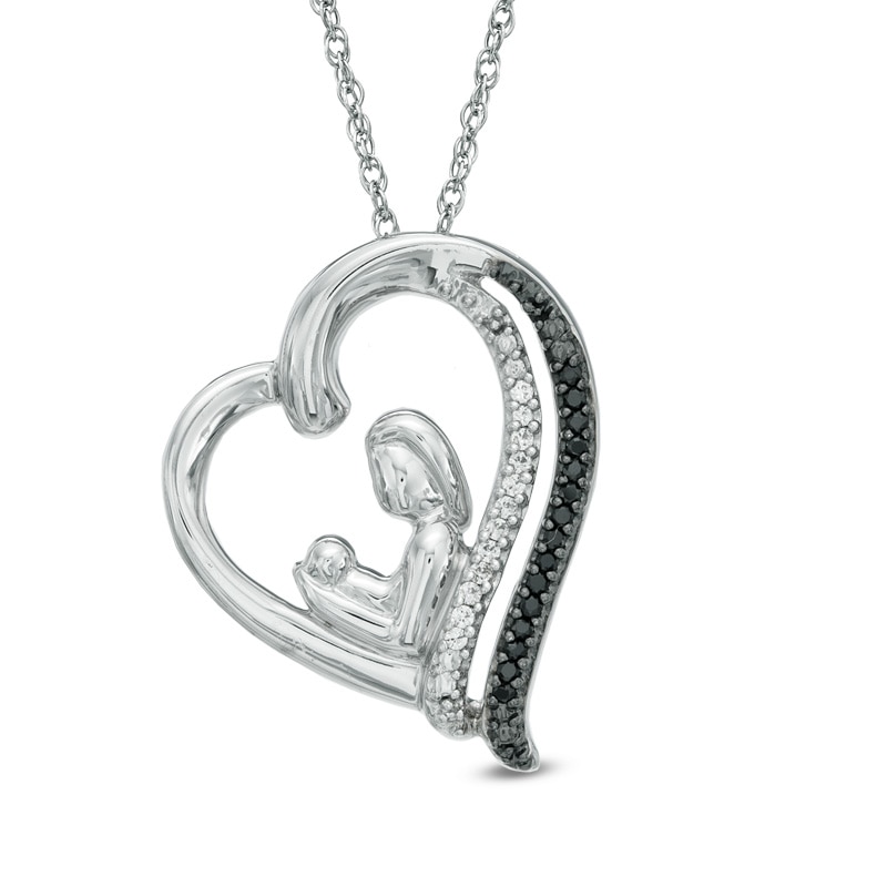 0.10 CT. T.W. Enhanced Black and White Diamond Motherly Love Tilted Heart Pendant in Sterling Silver