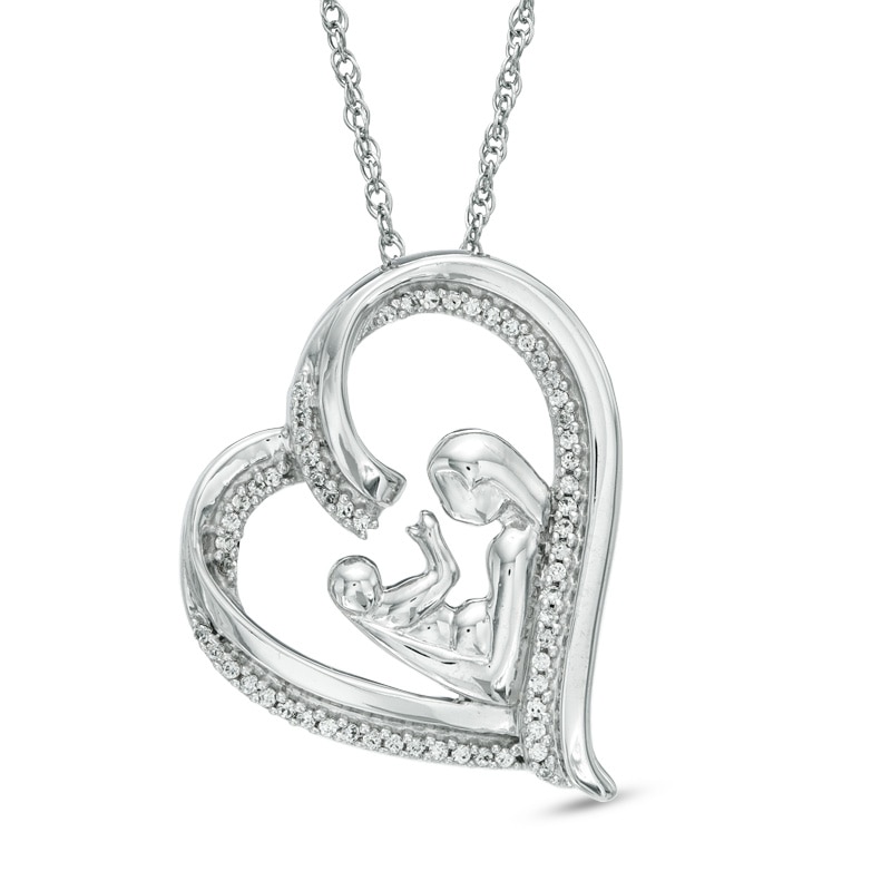 Main Image 1 of 0.20 CT. T.W. Diamond Motherly Love Tilted Heart Pendant in Sterling Silver