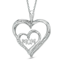 0.12 CT. T.W. Diamond &quot;MOM&quot; Double Heart Pendant in Sterling Silver