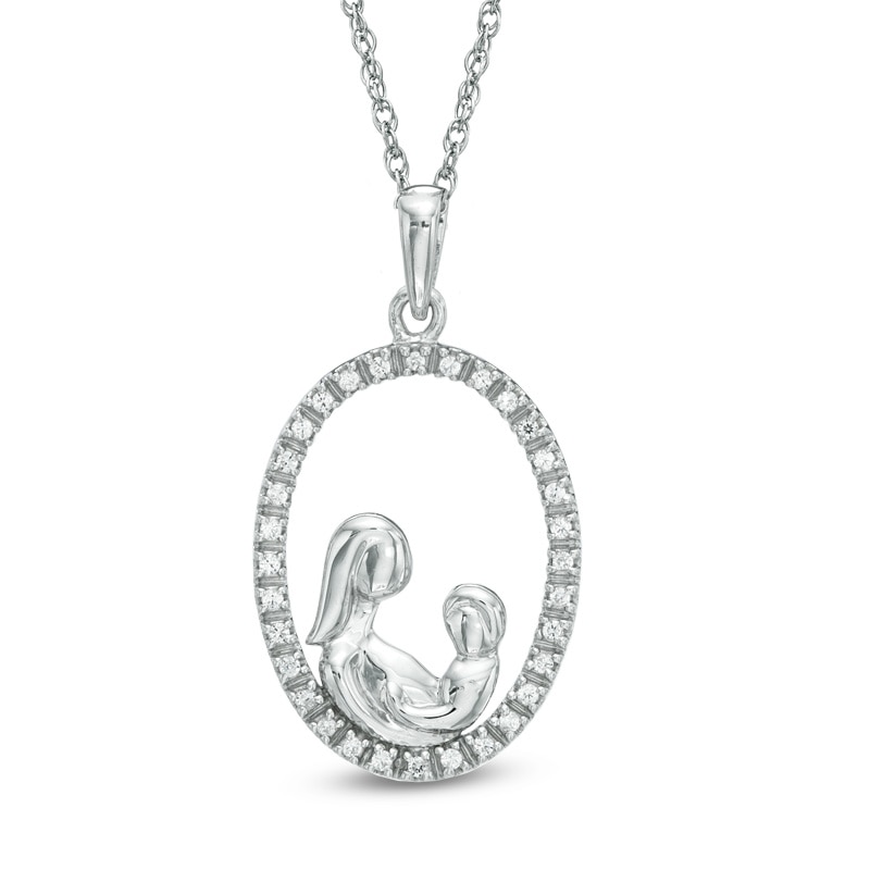 Main Image 1 of 0.12 CT. T.W. Diamond Motherly Love Oval Pendant in 10K White Gold