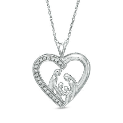 0.10 CT. T.W. Diamond Family Love Heart Pendant in 10K White Gold