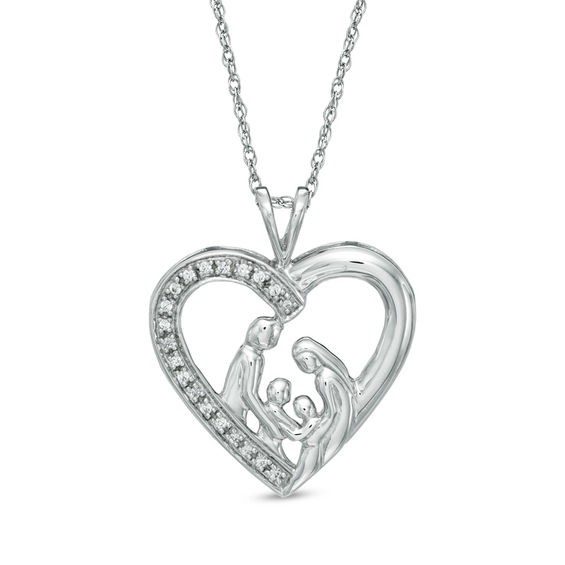 0.10 CT. T.W. Diamond Family Love Heart Pendant in 10K White Gold