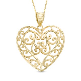 Diamond-Cut Filigree Swirl Heart Pendant in 10K Gold