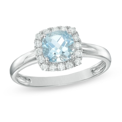 6.0mm Cushion-Cut Aquamarine and 0.16 CT. T.W. Diamond Frame Ring in 10K White Gold