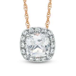 6.0mm Cushion-Cut Lab-Created White Sapphire Frame Pendant in Sterling Silver and 14K Rose Gold Plate