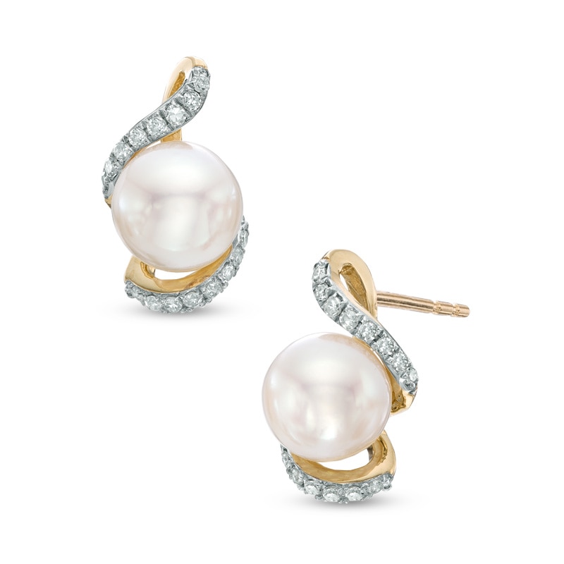 6.5-7.0mm Freshwater Cultured Pearl and Diamond Accent Swirl Earrings in 10K Gold