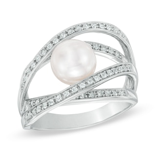 7.5-8.0mm Freshwater Cultured Pearl and Lab-Created White Sapphire Orbit Ring in Sterling Silver