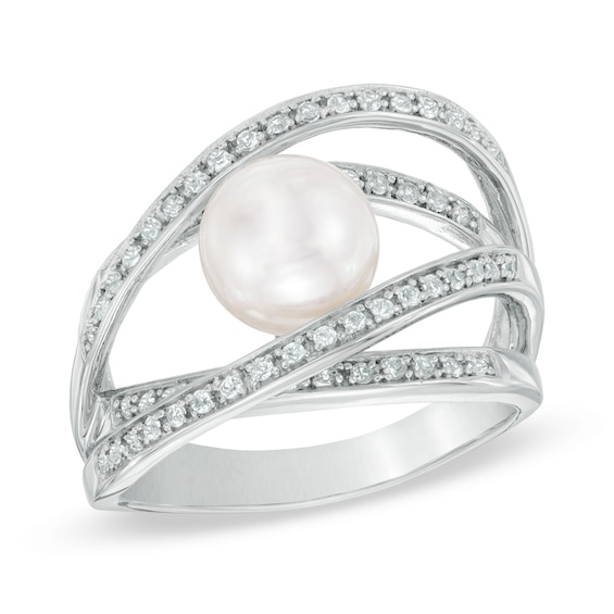 7.5-8.0mm Freshwater Cultured Pearl and Lab-Created White Sapphire Orbit Ring in Sterling Silver