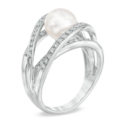 7.5-8.0mm Freshwater Cultured Pearl and Lab-Created White Sapphire Orbit Ring in Sterling Silver