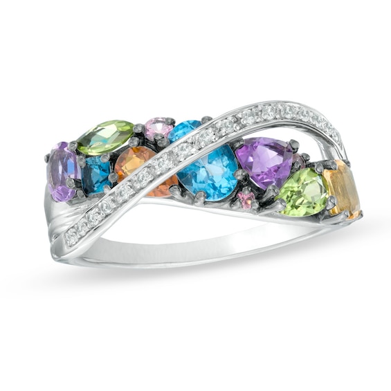 Multi-Gemstone and Lab-Created White Sapphire Cross-Over Ring in Sterling Silver