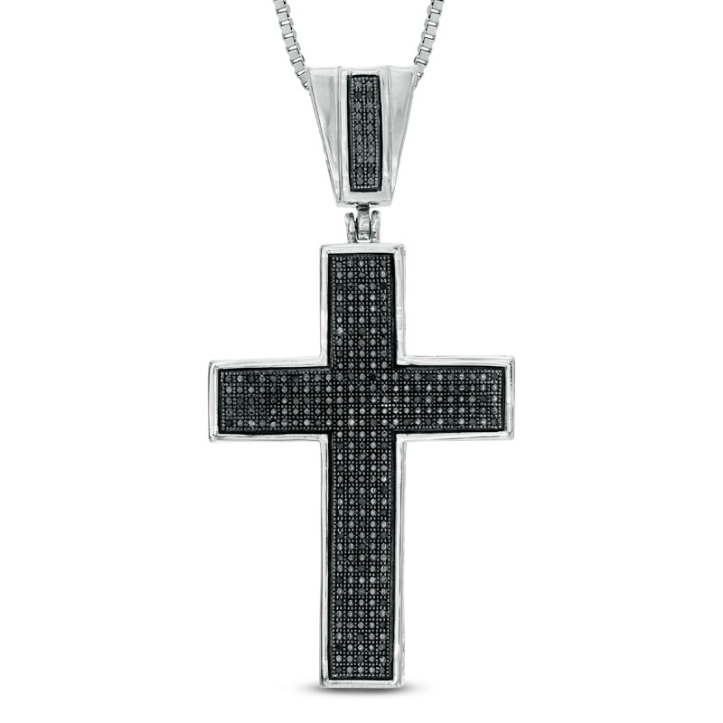 Men's 0.24 CT. T.W. Black Diamond Cross Pendant in Sterling Silver - 22"