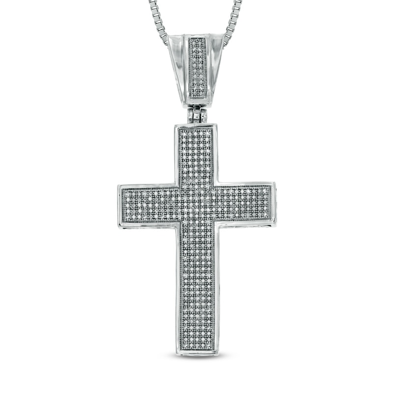 Main Image 1 of Men's 0.15 CT. T.W. Diamond Cross Pendant in Sterling Silver - 22&quot;