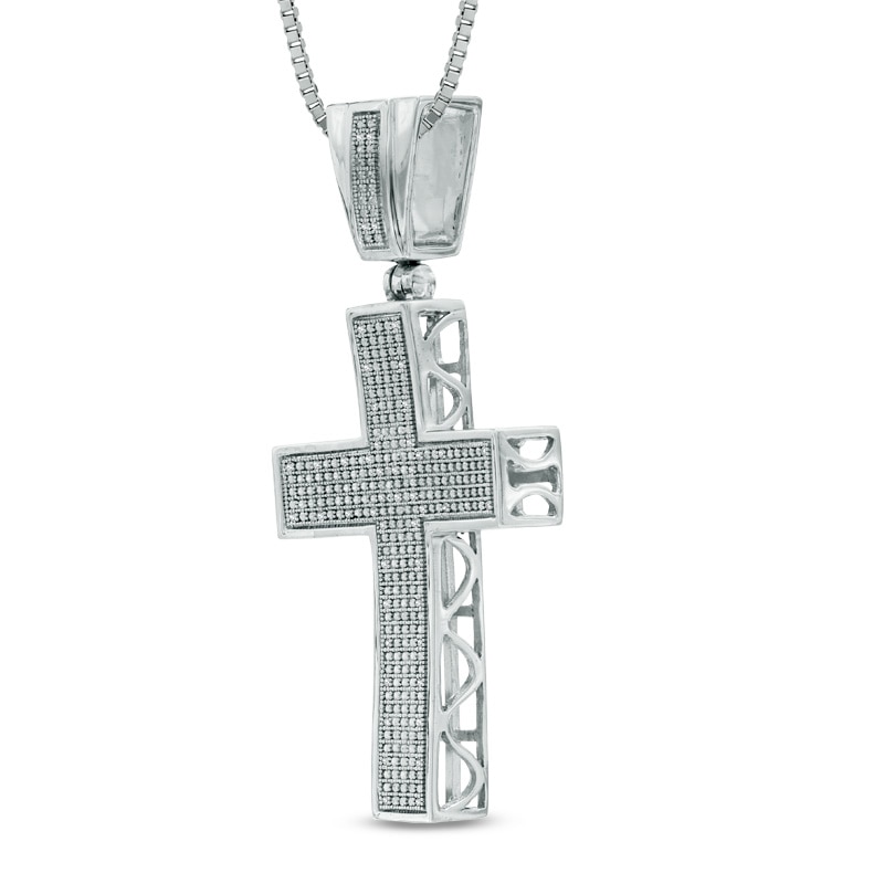 Main Image 2 of Men's 0.15 CT. T.W. Diamond Cross Pendant in Sterling Silver - 22&quot;