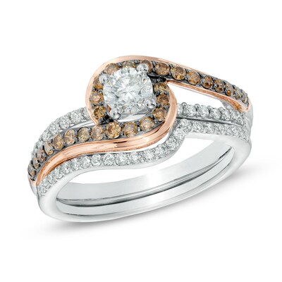 1.00 CT. T.W. Champagne and White Diamond Swirl Bridal Set in 14K Two-Tone Gold