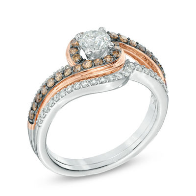 1.00 CT. T.W. Champagne and White Diamond Swirl Bridal Set in 14K Two-Tone Gold