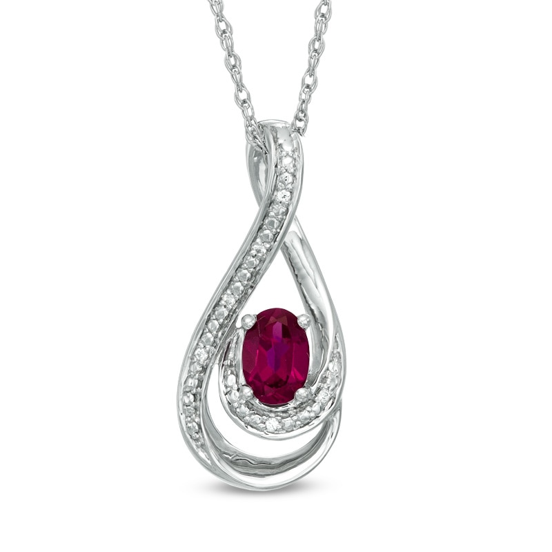 Oval Lab-Created Ruby and Diamond Accent Loop Pendant in Sterling Silver|Peoples Jewellers