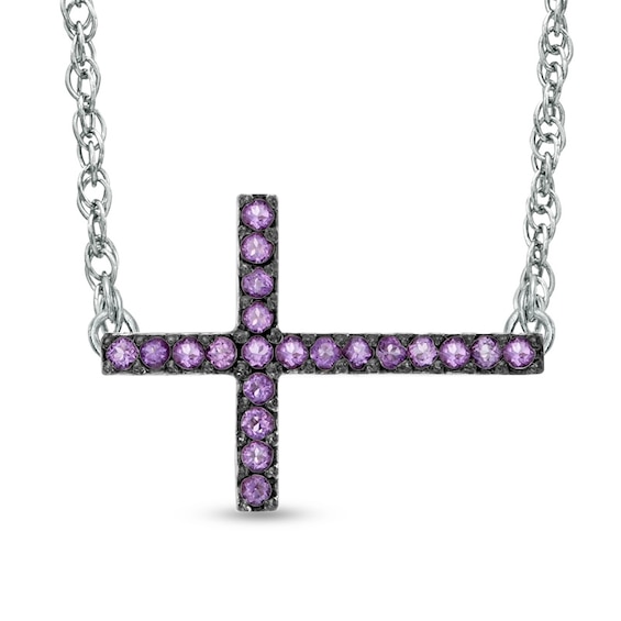 Amethyst Sideways Cross Necklace in Sterling Silver