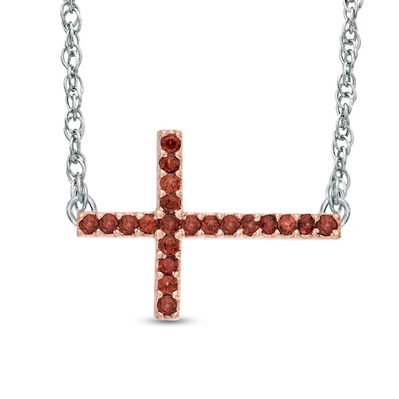 Garnet Sideways Cross Necklace in Sterling Silver