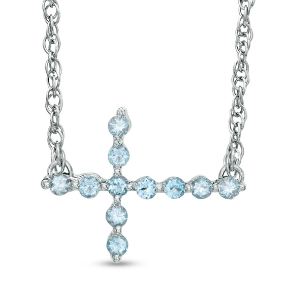 Aquamarine Sideways Cross Necklace in Sterling Silver