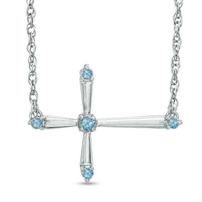 Aquamarine Sideways Cross Necklace in Sterling Silver