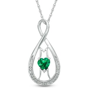 5.0mm Heart-Shaped Lab-Created Emerald and Diamond Accent "MOM" Infinity Pendant in Sterling Silver