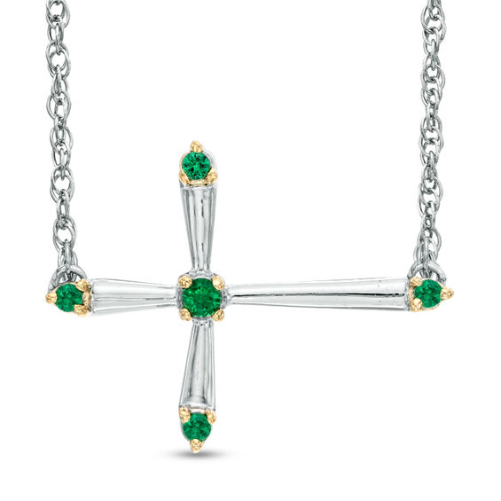 Lab-Created Emerald Sideways Cross Necklace in Sterling Silver