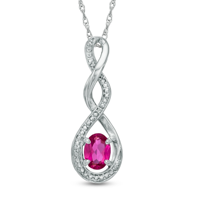 Oval Lab-Created Ruby and Diamond Accent Infinity Twist Pendant in Sterling Silver|Peoples Jewellers