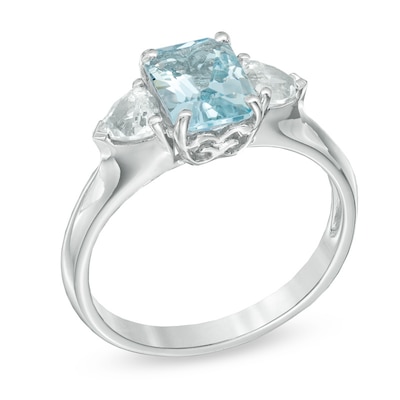 Emerald-Cut Aquamarine and Lab-Created White Sapphire Ring in 10K White Gold