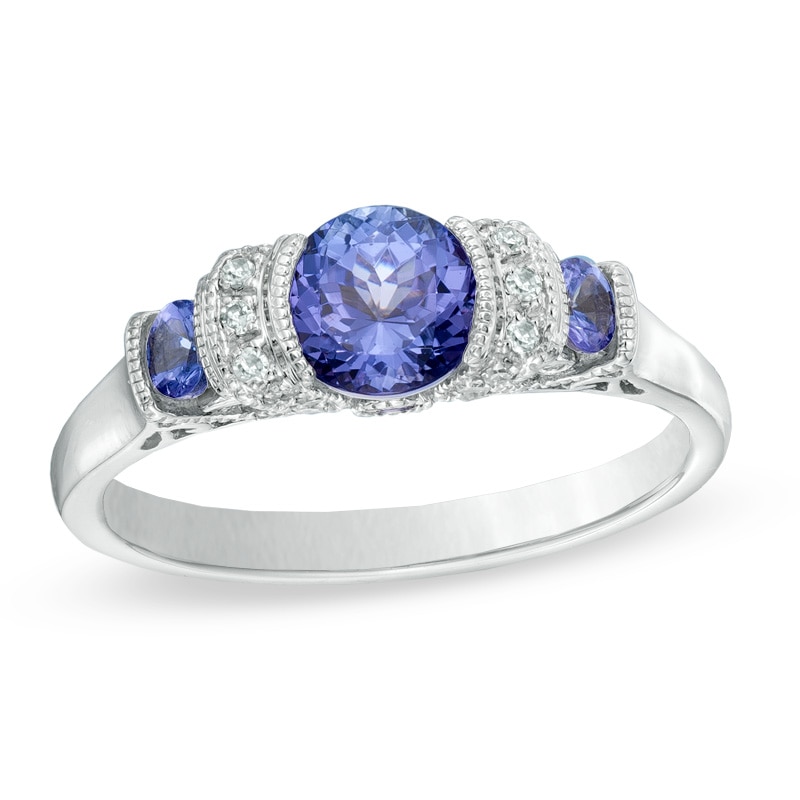 6.0mm Tanzanite and Diamond Accent Three Stone Collar Scroll Ring in 10K White Gold|Peoples Jewellers