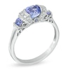 6.0mm Tanzanite and Diamond Accent Three Stone Collar Scroll Ring in 10K White Gold