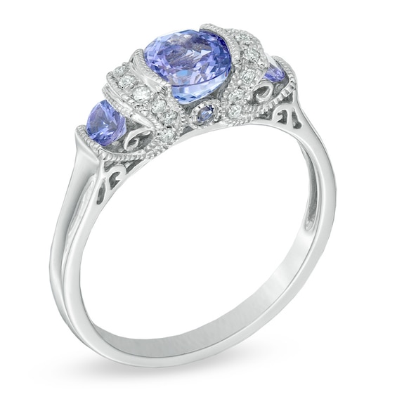 6.0mm Tanzanite and Diamond Accent Three Stone Collar Scroll Ring in 10K White Gold