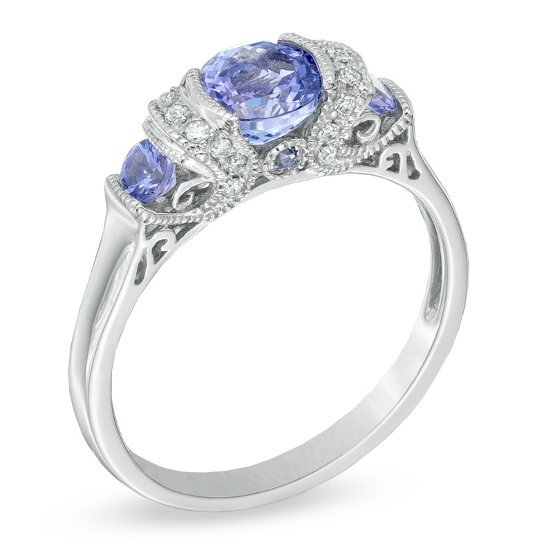 6.0mm Tanzanite and Diamond Accent Three Stone Collar Scroll Ring in 10K White Gold|Peoples Jewellers