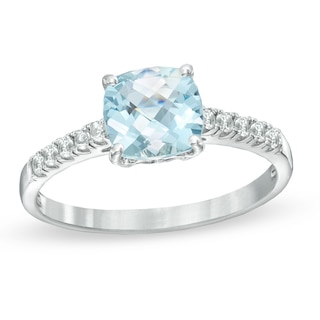 7.0mm Cushion-Cut Aquamarine and Lab-Created White Sapphire Ring in Sterling Silver