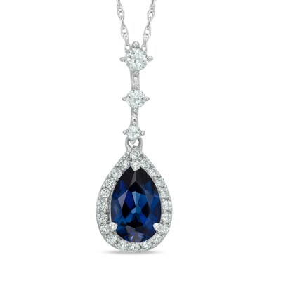 Pear-Shaped Blue and White Lab-Created Sapphire Frame Pendant in 10K White Gold