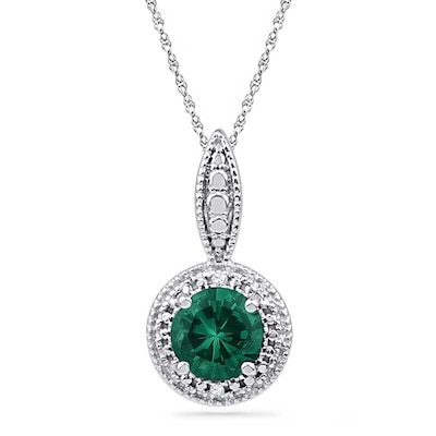 6.5mm Lab-Created Emerald and Diamond Accent Frame Pendant in Sterling Silver