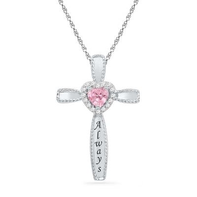 Heart-Shaped Lab-Created Pink Sapphire and Diamond Accent Cross Pendant in Sterling Silver (6 Characters)