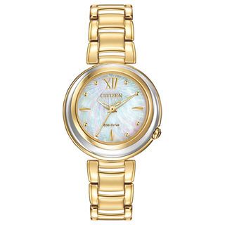 Ladies' Citizen Eco-Drive® Sunrise Gold-Tone Watch with Mother-of-Pearl Dial (Model: EM0334-54D)