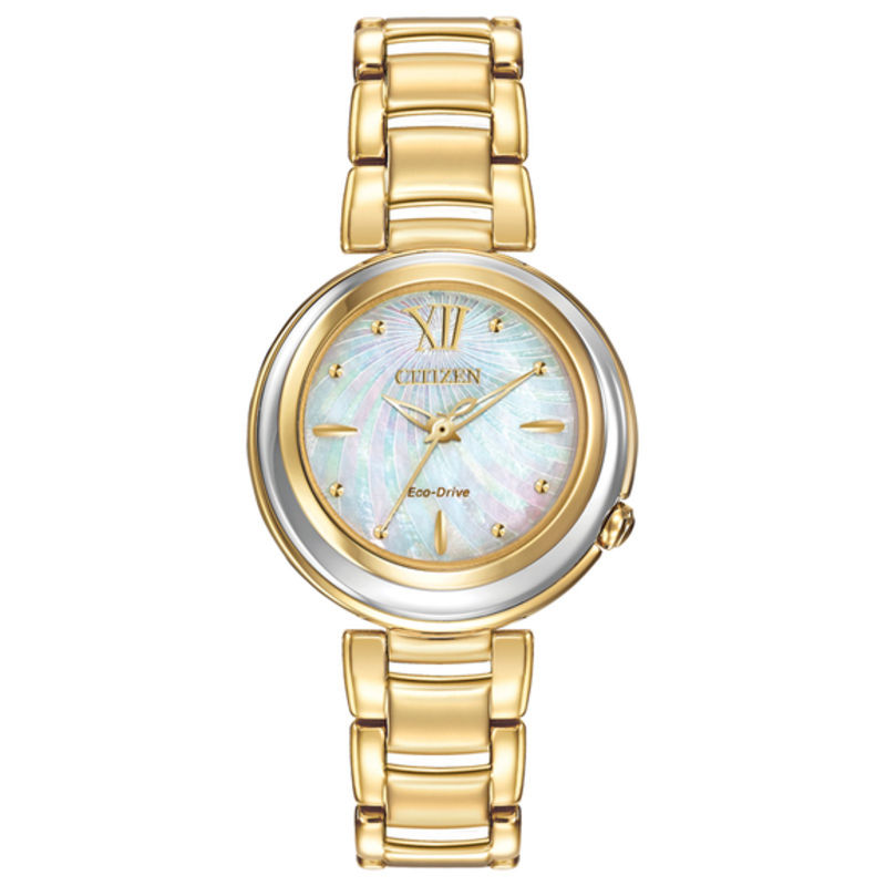 Ladies' Citizen Eco-Drive® Sunrise Gold-Tone Watch with Mother-of-Pearl Dial (Model: EM0334-54D)|Peoples Jewellers
