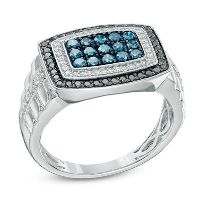 Men's 1.00 CT. T.W. Enhanced Black, Blue and White Diamond Ring in 10K White Gold