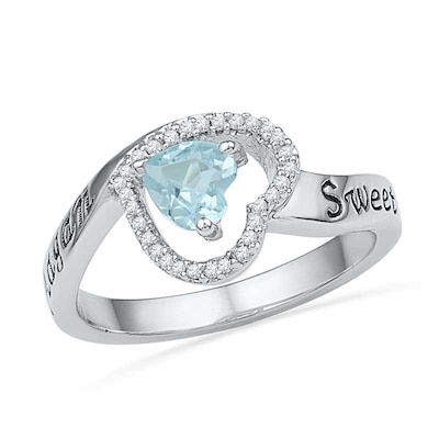 5.5mm Heart-Shaped Aquamarine and 1/10 CT. T.W. Diamond Heart Promise Ring in Sterling Silver (2 Names)