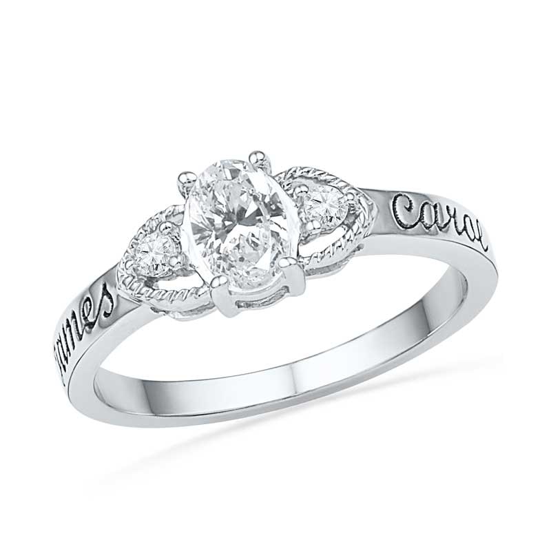 Oval Lab-Created White Sapphire and Diamond Accent Promise Ring in Sterling Silver (2 Names)|Peoples Jewellers