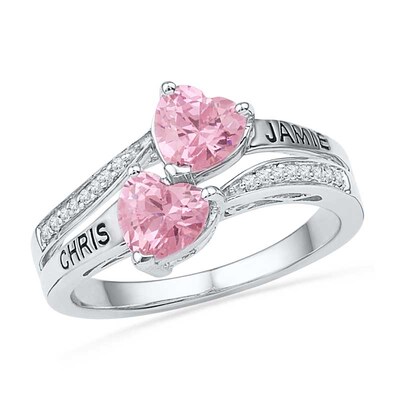 Couple's 5.0mm Heart-Shaped Lab-Created Pink Sapphire and Diamond Accent Ring in Sterling Silver (2 Names)