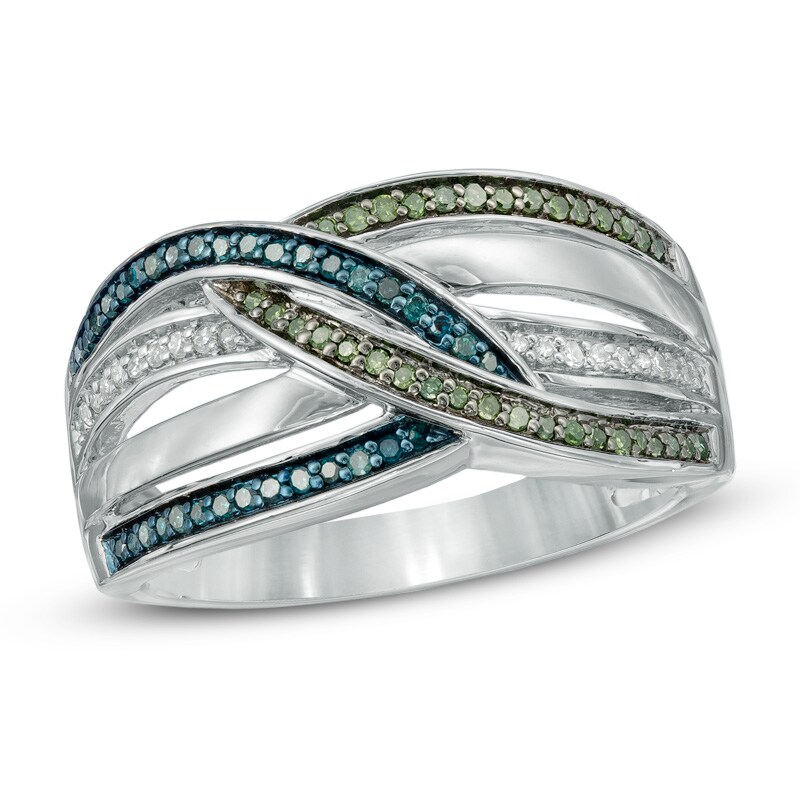 0.25 CT. T.W. Enhanced Green, Blue and White Diamond Multi-Row Overlay Ring in Sterling Silver|Peoples Jewellers