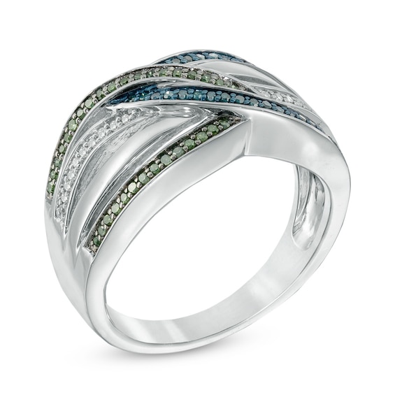 0.25 CT. T.W. Enhanced Green, Blue and White Diamond Multi-Row Overlay Ring in Sterling Silver