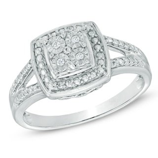 Quad Diamond Accent Frame Split Shank Promise Ring in Sterling Silver