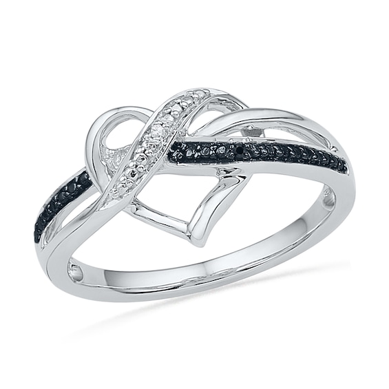 Black and White Diamond Accent Swirled Heart Ring in Sterling Silver