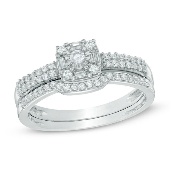 0.33 CT. T.W. Diamond Square Frame Bridal Set in 10K White Gold