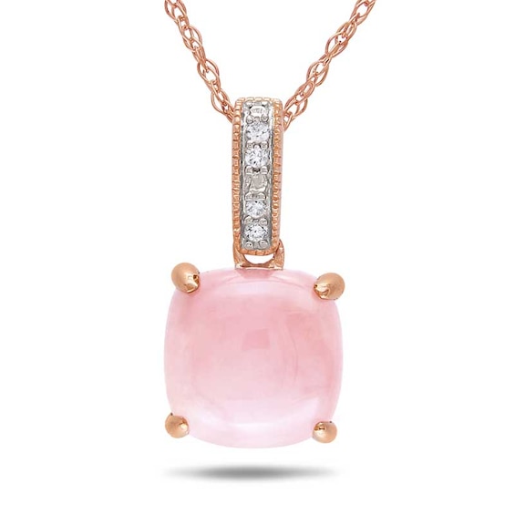 8.0mm Cushion-Cut Pink Opal and Diamond Accent Pendant in 10K Rose Gold - 17"