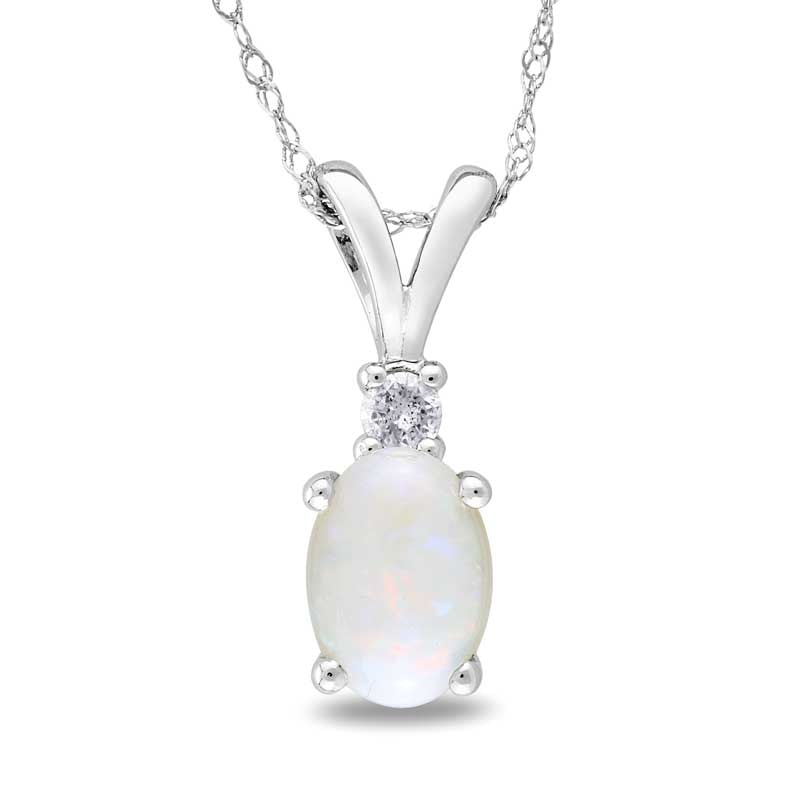 Oval Opal and Diamond Accent Pendant in 10K White Gold - 17"|Peoples Jewellers